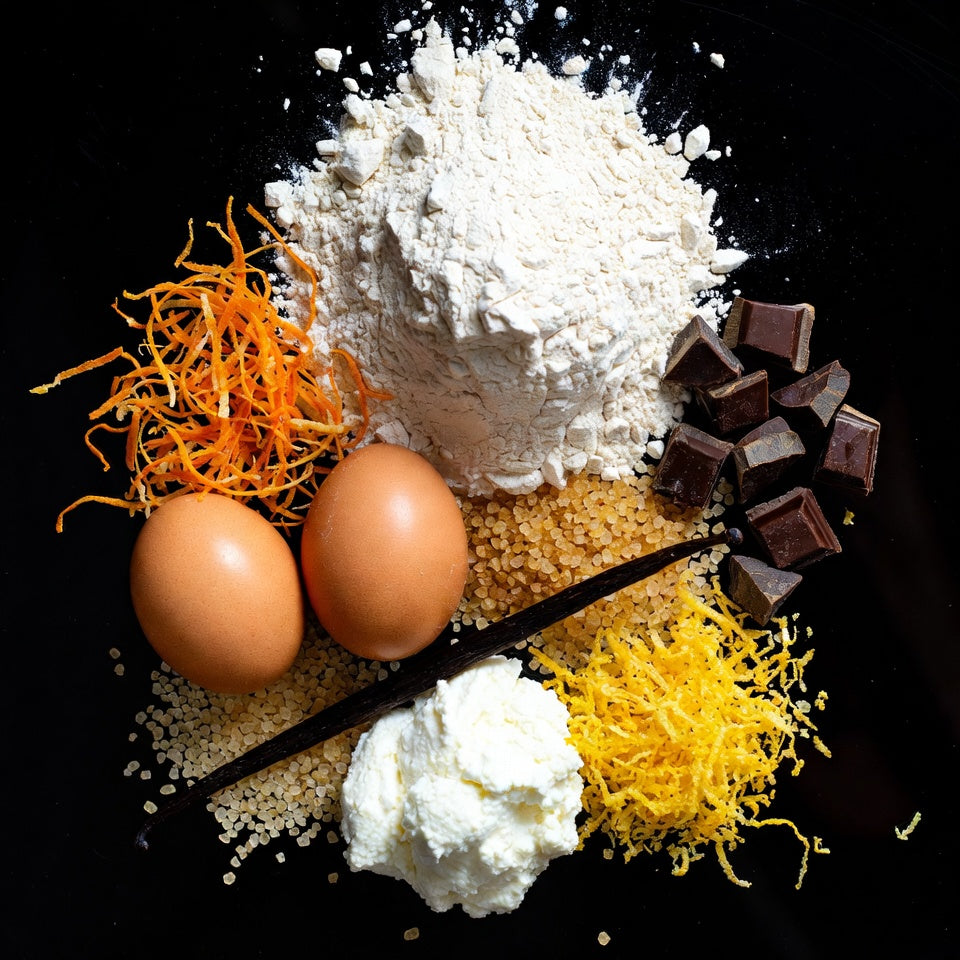 Bunch of ingredients, flour, brown eggs, citrus zest, chocolate, ricotta, and unrefined sugar